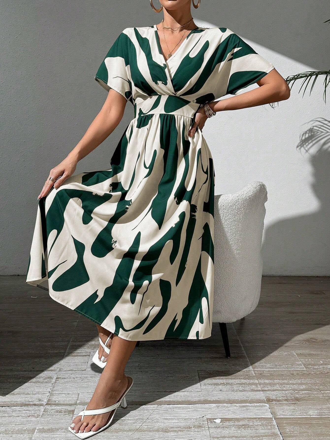 Printed V-Neck A-Line Dress